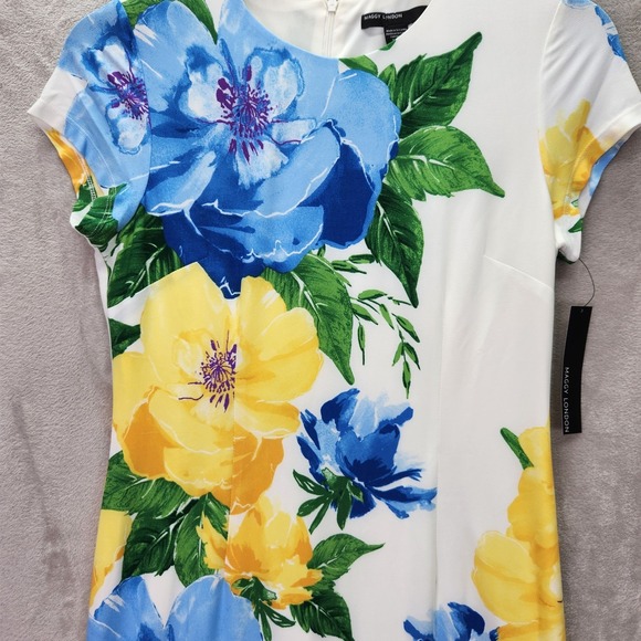 Maggy London Women's Blue Yellow Floral Sheath Dress Short Sleeve Midi Size‎ 6 - Picture 4 of 9
